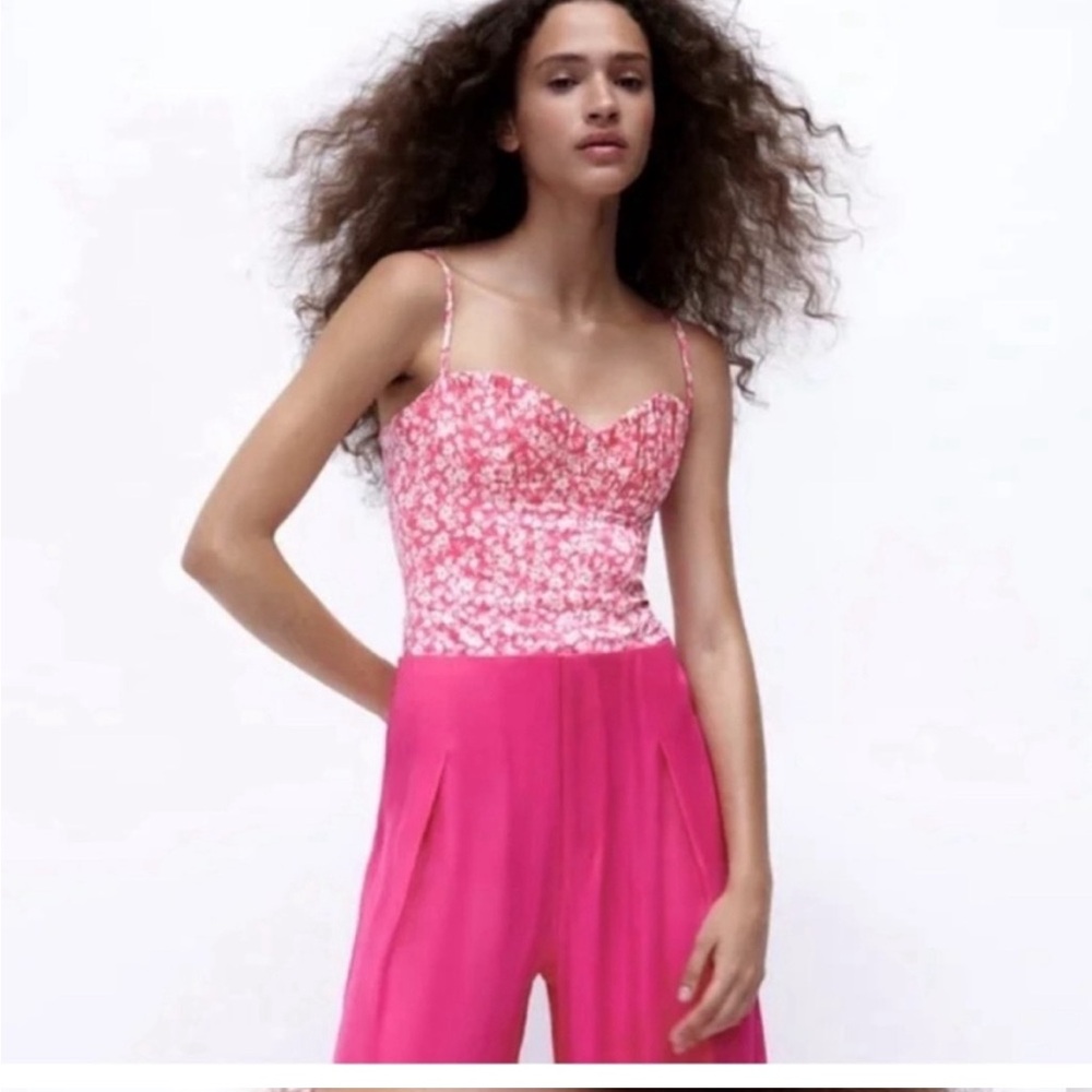 ZARA NWT Barbie Pink Tones Printed Corset Bodysuit Sweetheart Neck Size XL